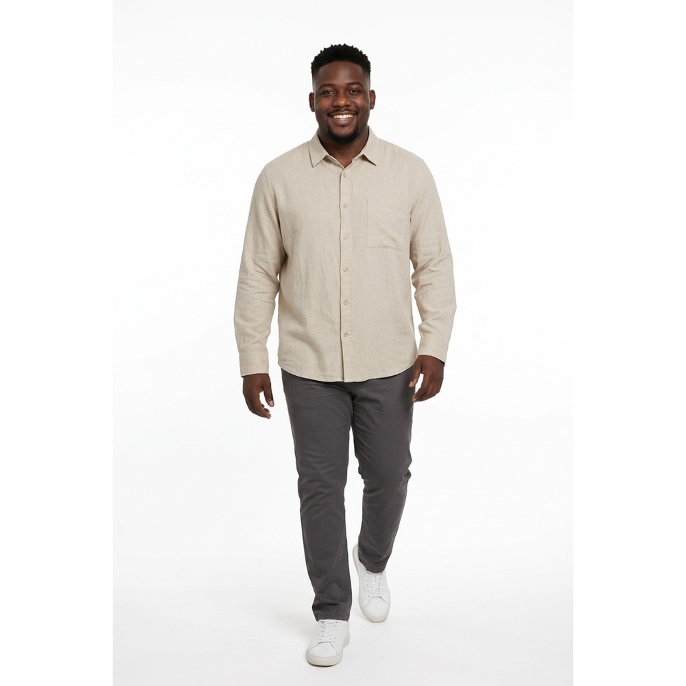 Mens FALLS CREEK Casual Button Linen Blend Down Shirt XXL Beige Clean Minimalist